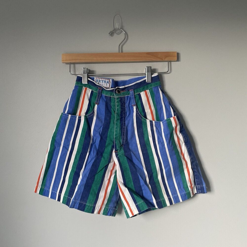 Extra Blues Vtg. 1990's High Rise Shorts Blue Green Stripes 100% Cotton Size 5